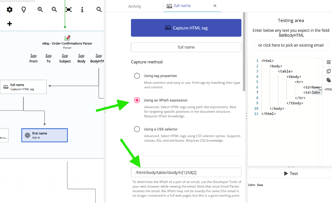 Using an XPath expression to parse email content in Email Parser