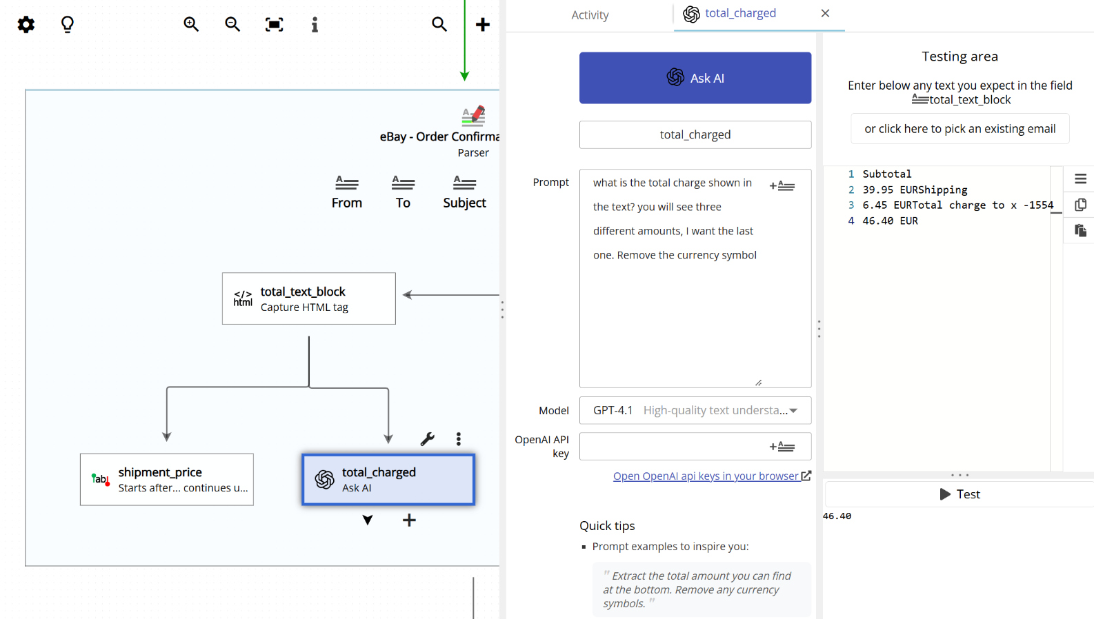 Using AI as a second parsing step where the first step grabs a block of text from the email body