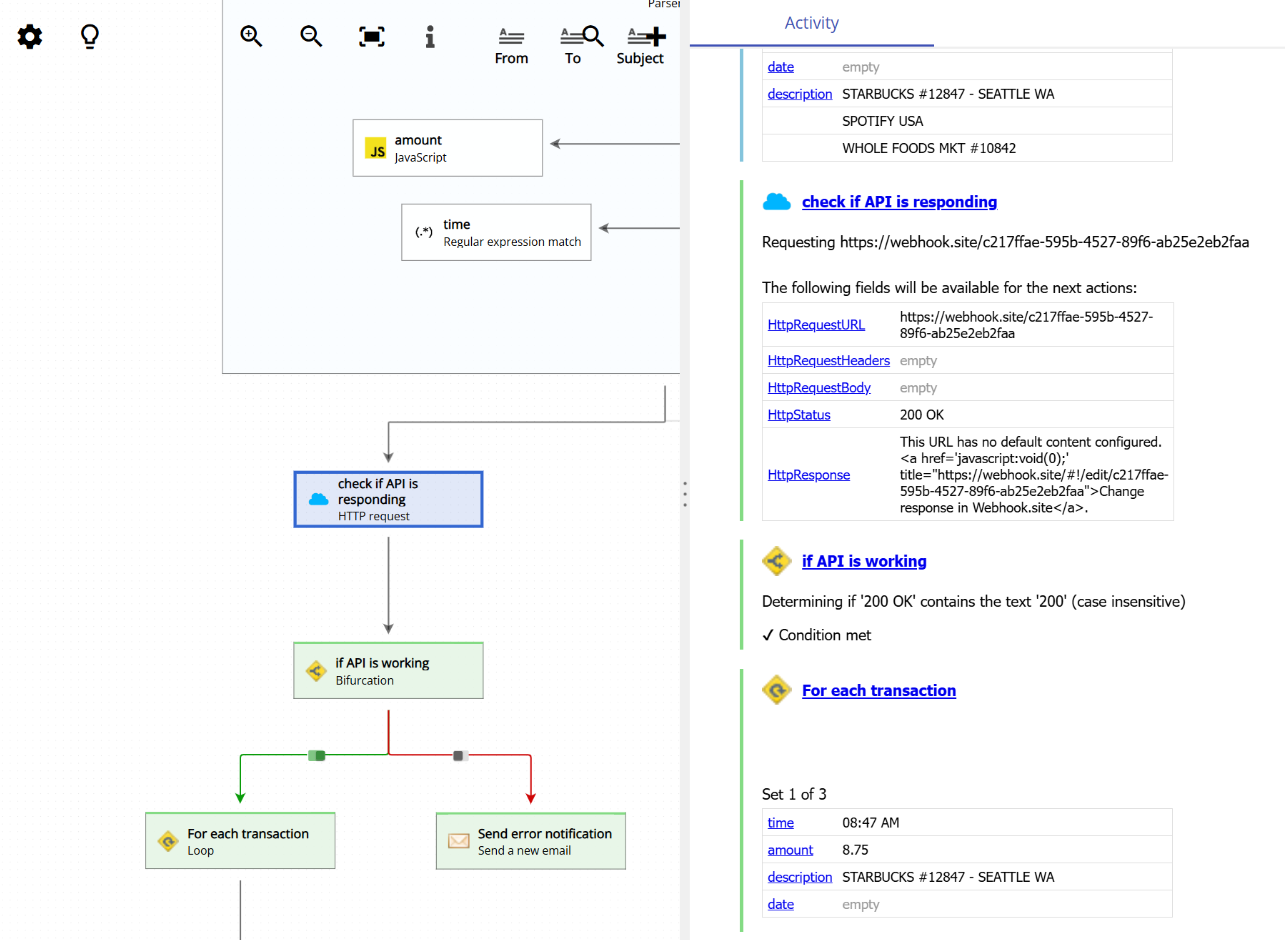 A workflow showing how the HTTP response is used with a bifurcation action to check the API status and route the workflow accordingly