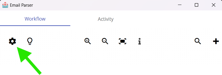 Where to find the gear icon to open the settings window in the Windows app