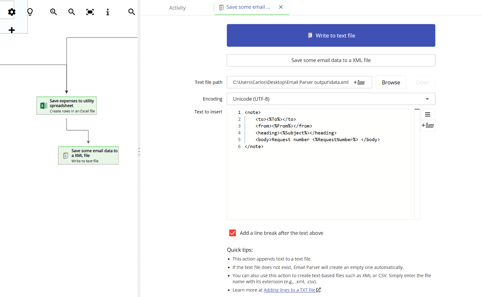 Write to text file action in Email Parser, configured to save parsed email data as an XML file